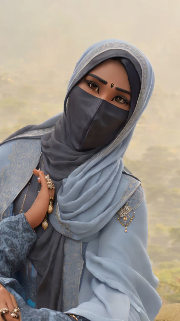 Woman in blue traditional outfit and niqab with makeup, in misty background