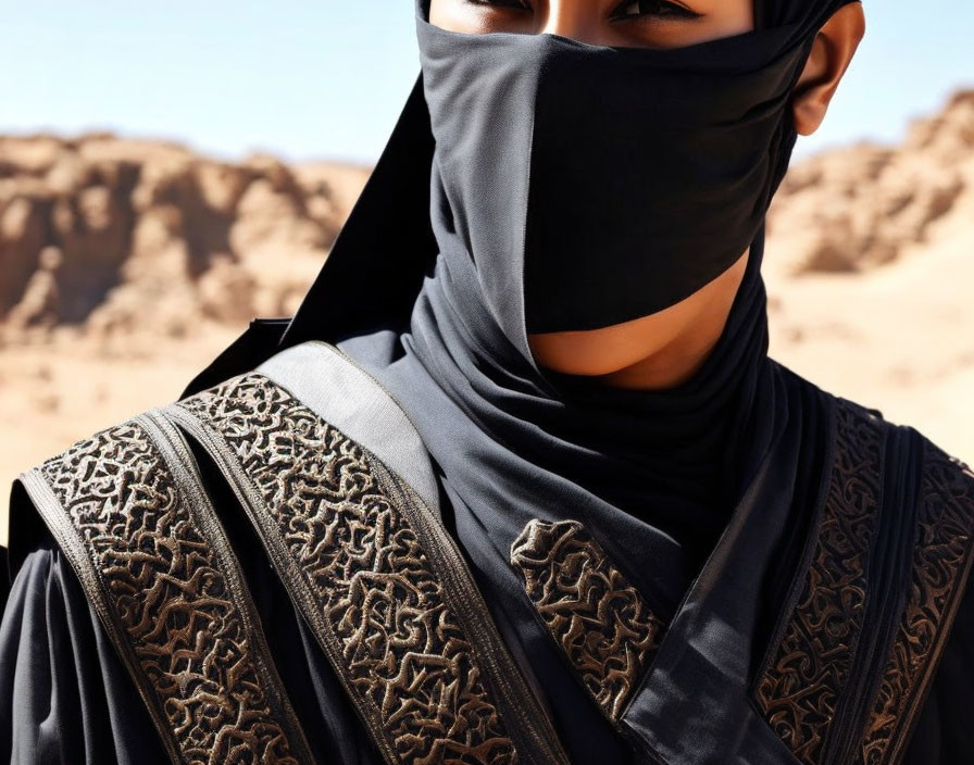 Black Niqab with Decorative Embroidery in Desert Setting