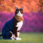 Regal cat with human-like face in blue cloak among purple flowers