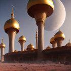 Futuristic mosque with sleek minarets and large dome in desert landscape