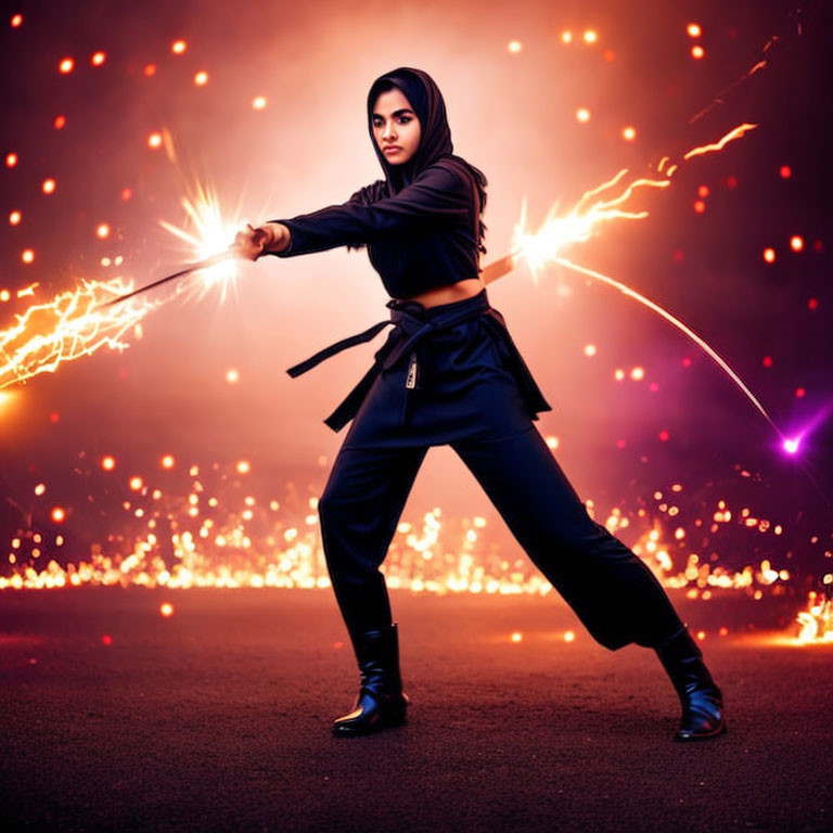 Person in black martial arts attire with glowing sword in dramatic setting