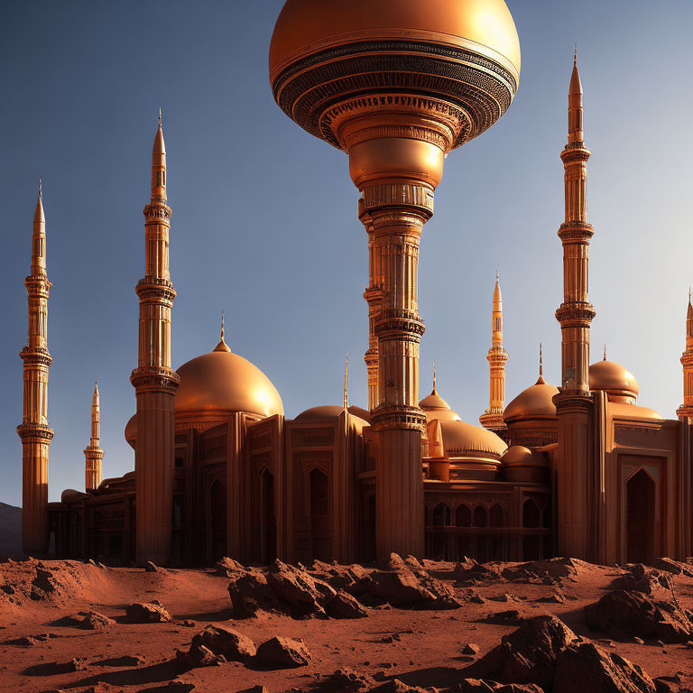 Futuristic mosque with sleek minarets and large dome in desert landscape