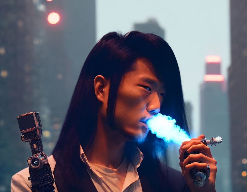 Cybernetic arm exhales blue smoke in neon-lit cityscape.