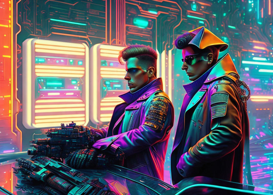 Stylized individuals in futuristic attire with cyberpunk computer interfaces