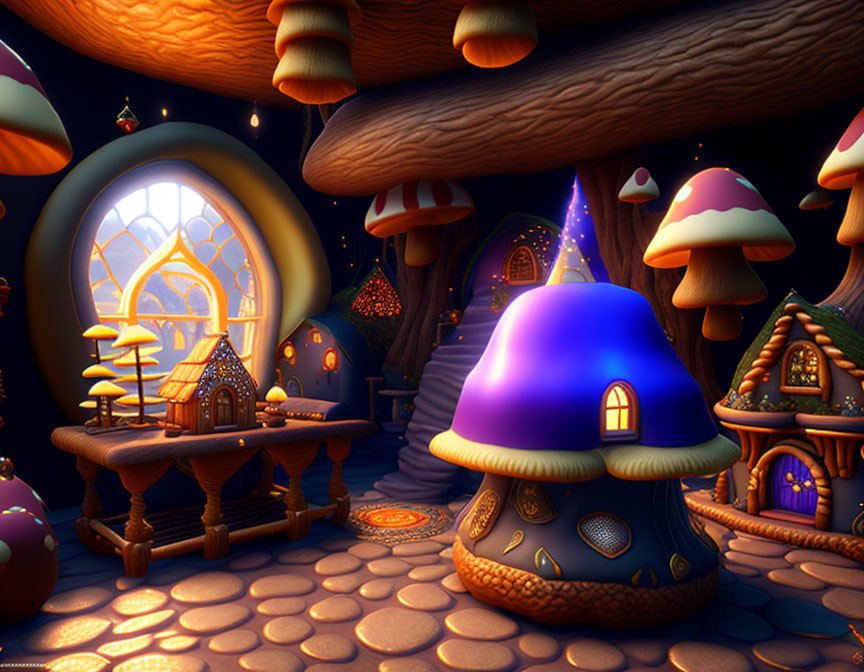 Whimsical digital illustration of a twilight village with mushroom houses