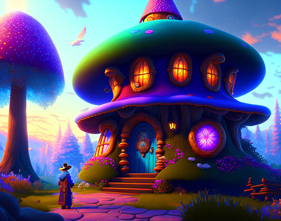 Illustration of person at mushroom house in magical forest