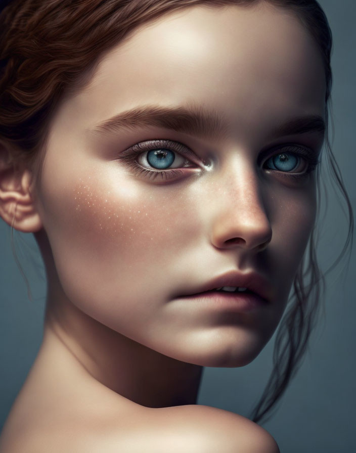 Young woman with blue eyes, freckles, and braided hair in close-up portrait.