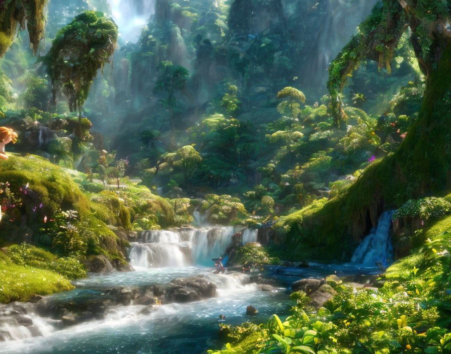 Enchanting forest with lush greenery and waterfalls