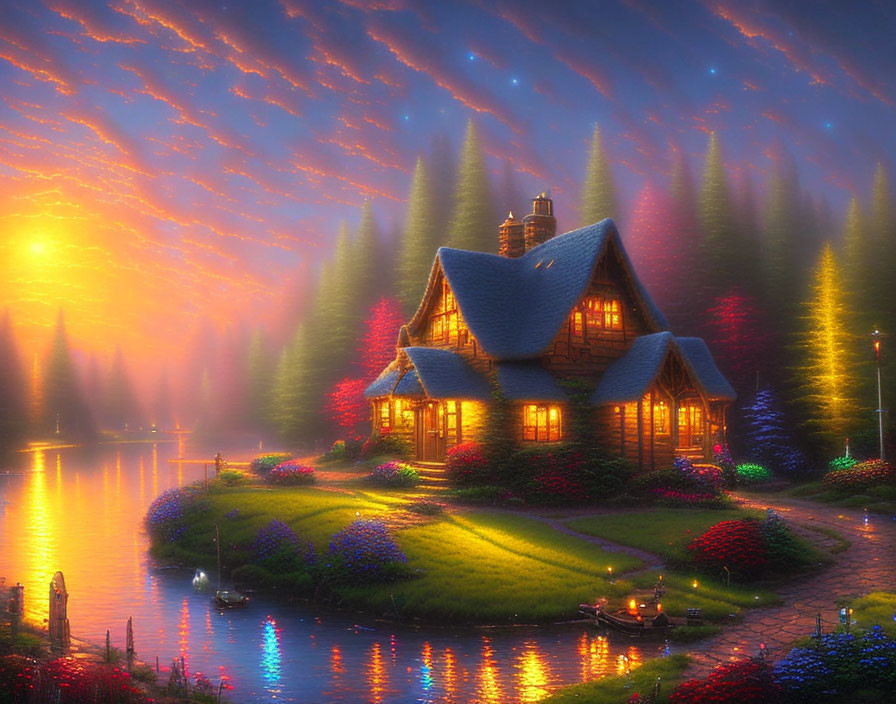 Twilight cottage by tranquil lake with vibrant flowers