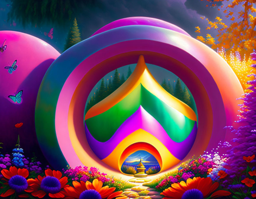 Colorful surreal landscape with rainbow loop, butterfly, flowers, and lit tent