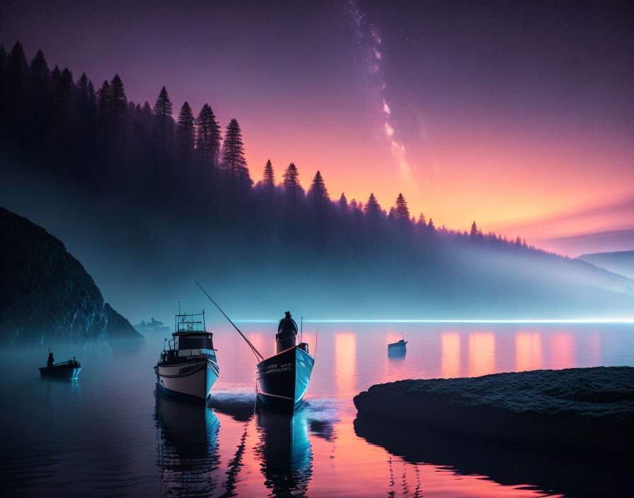 Twilight scene with boats on calm water and forest backdrop