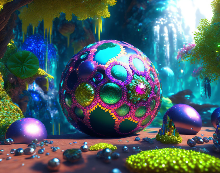 Fractal sphere in fantastical forest with blue light and lush vegetation