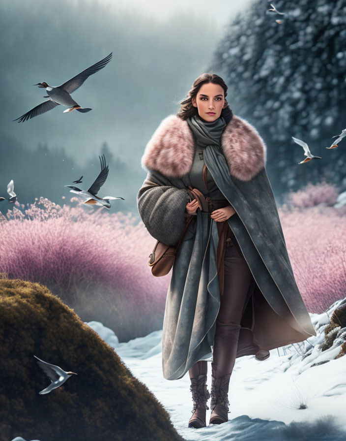 Elegant Woman in Fur Coat Walking in Snowy Landscape