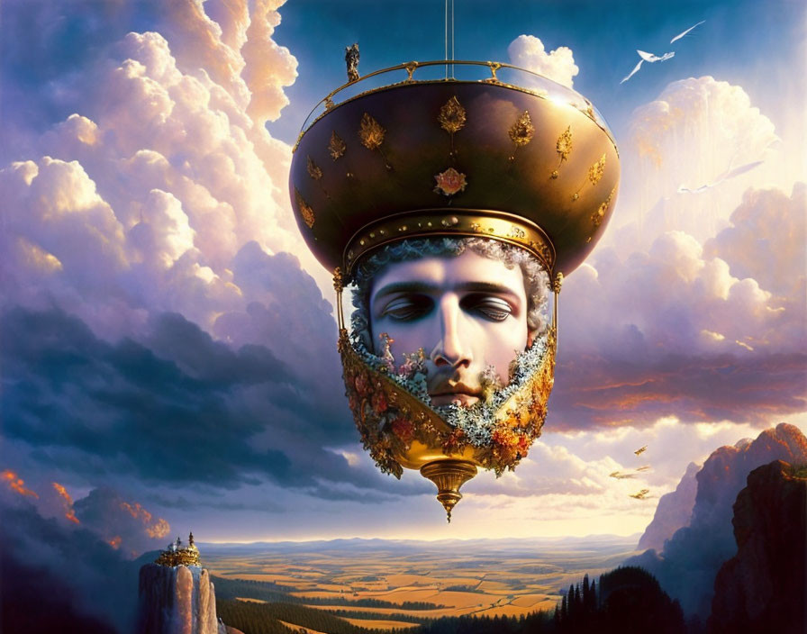 Surreal image of hot air balloon crown statue in scenic landscape