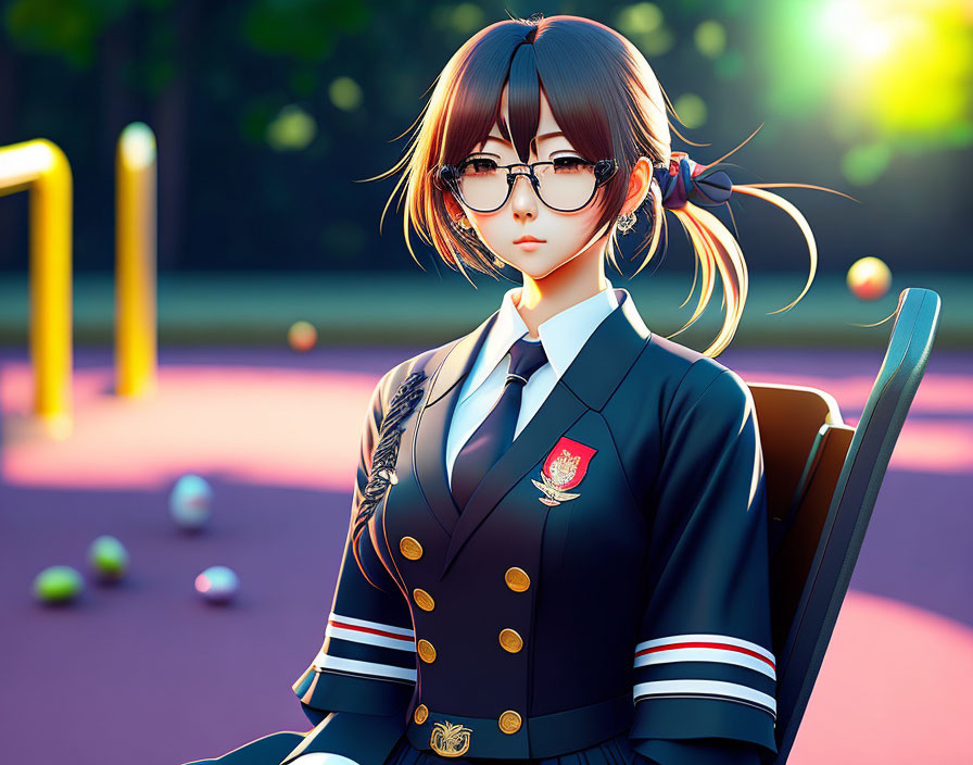 Brown-haired animated character in school uniform with glasses sitting on bench at sunset playground.