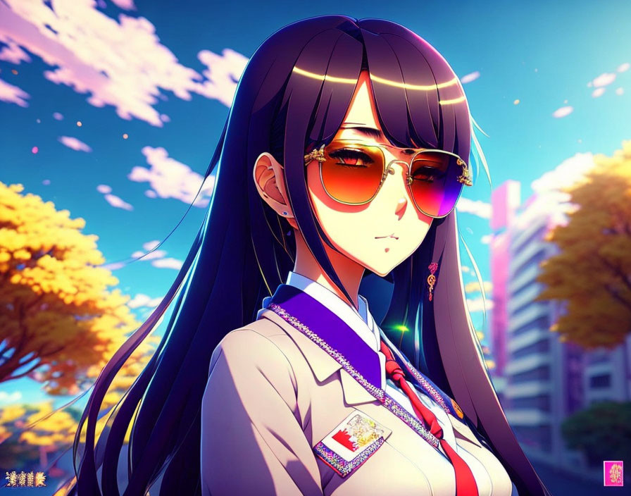 Dark-haired anime girl in sunglasses with cityscape sunset backdrop