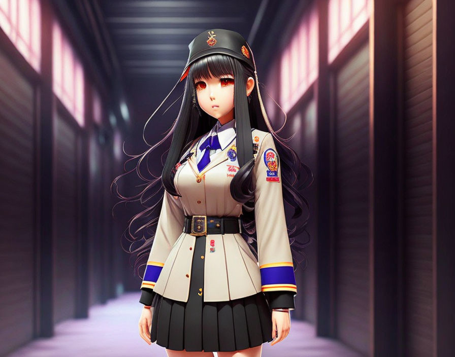 Animated character in detailed beige and blue uniform with badges, standing in pink and purple lit corridor