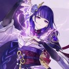 Blue-haired female anime character wields glowing purple sword in fantasy armor.