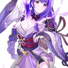 Purple-haired animated character with sword and armor in gold accents.