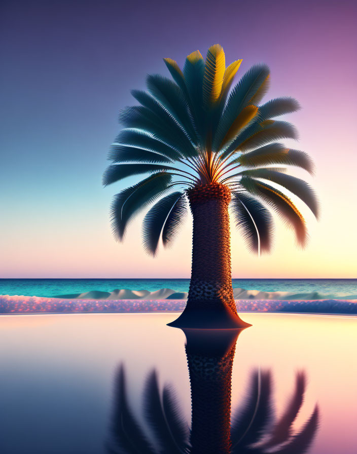 Stylized palm tree in sunset sky with water reflection