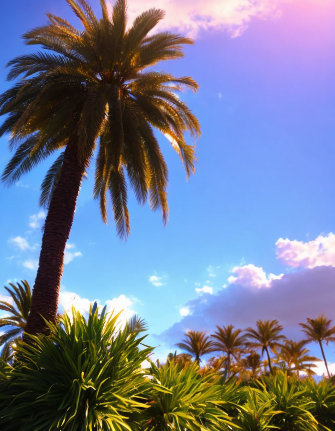 Tall Palm Trees Silhouetted Against Vibrant Pink Sunset Sky