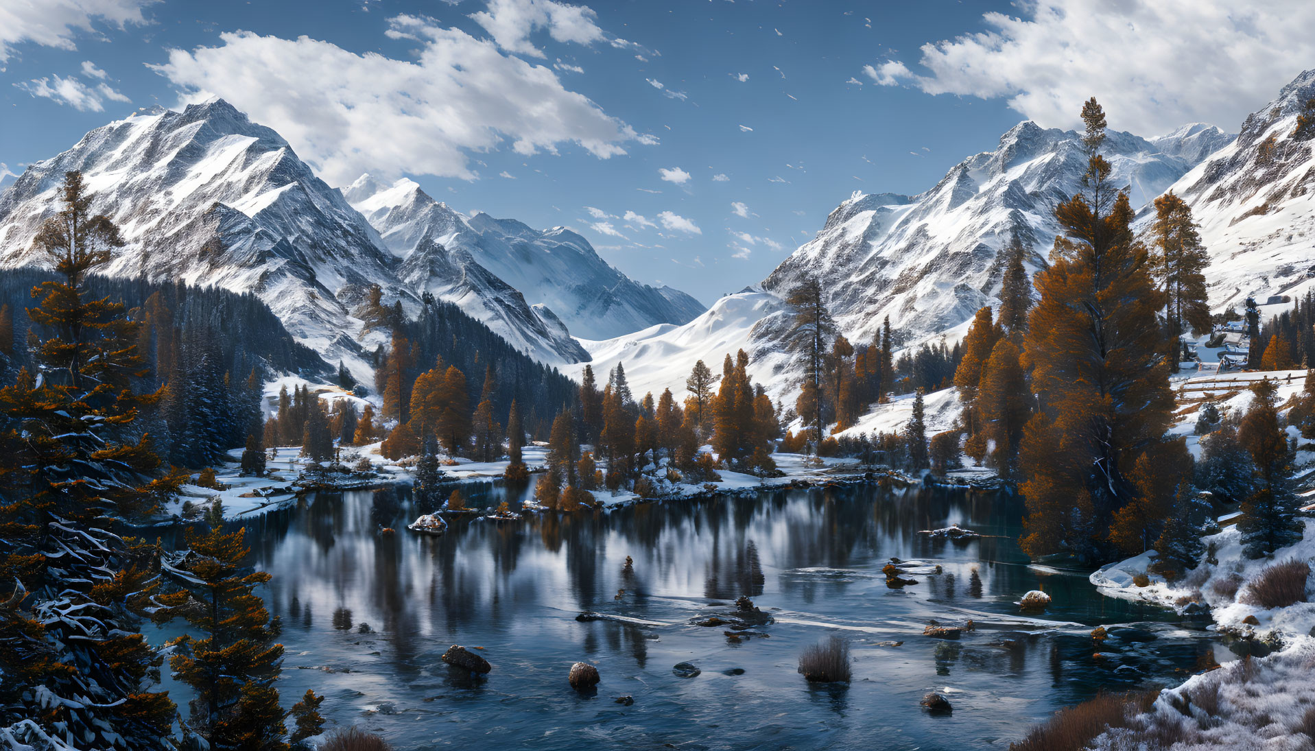 Snow-capped mountains and tranquil lake in alpine landscape