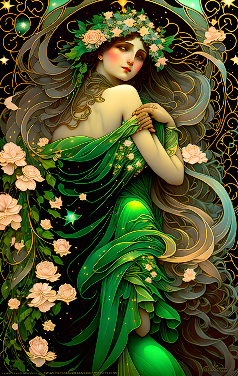 Illustration of woman in green gown with flowing hair in Art Nouveau style