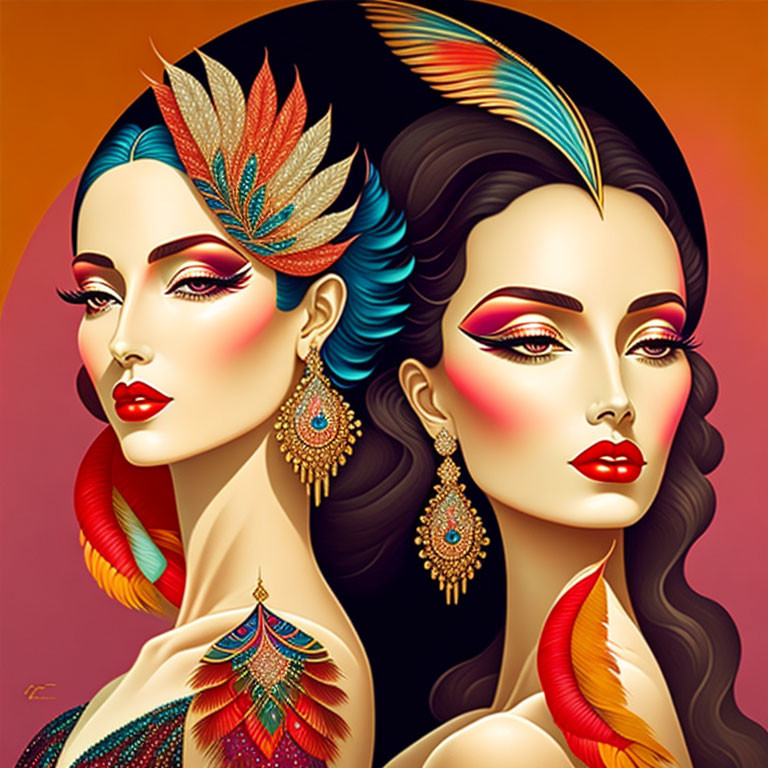 Stylized women with vibrant makeup and accessories on orange background