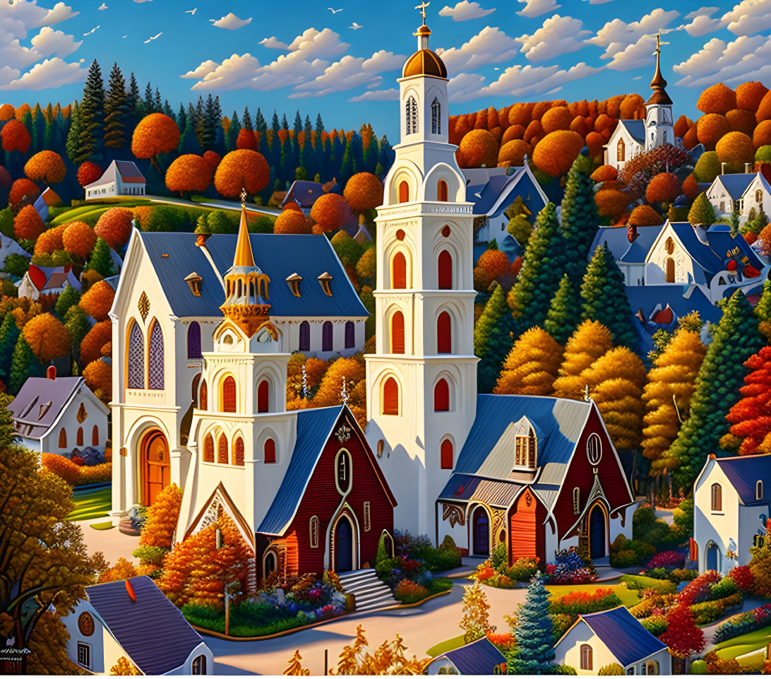 Vivid Autumn Landscape with Colorful Trees and Charming Architecture