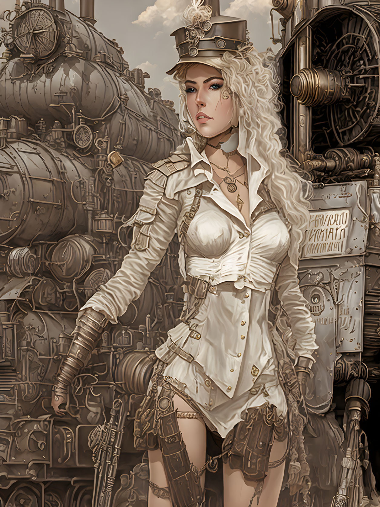 Steampunk-themed woman in outfit with mechanical backdrop