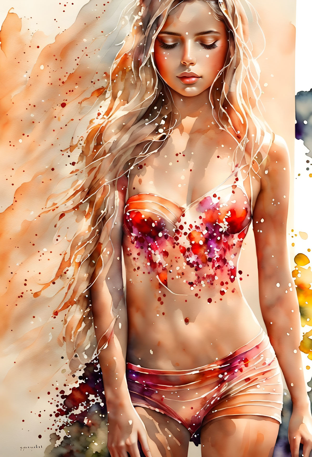 Woman in Bikini Watercolor Illustration with Vivid Orange, Red, and Yellow Splashes