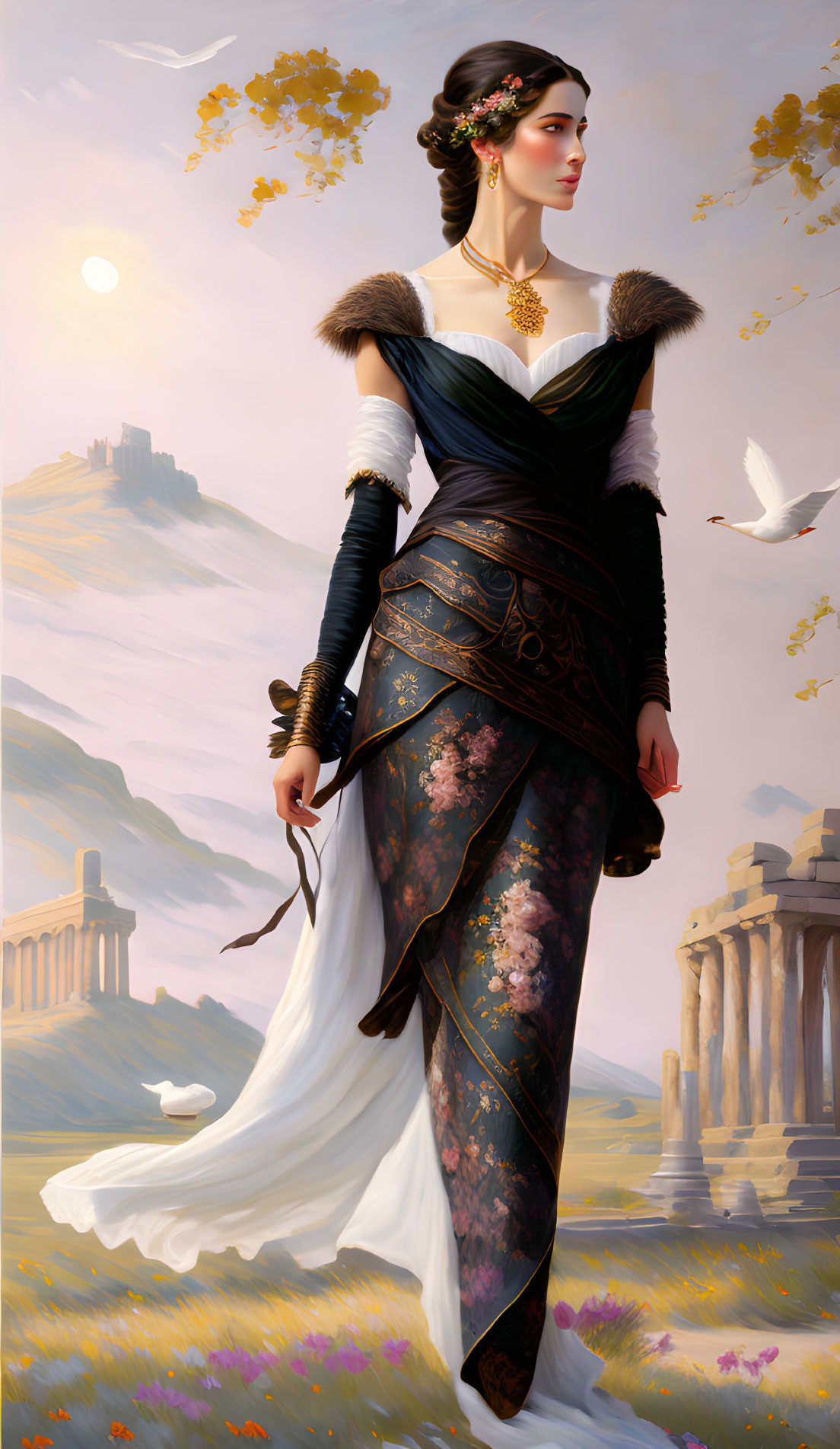 Fantasy-style woman in elegant dress in field with ruins and castle.