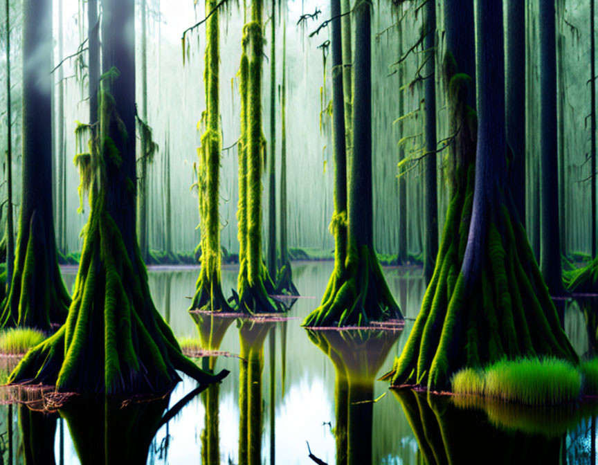 Vibrant surreal swamp with moss-covered cypress trees in misty woodland.