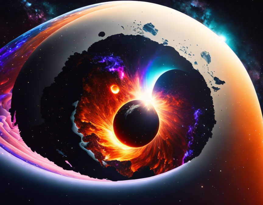 Vibrant digital art: Cosmic scene with fiery eclipse, celestial bodies, colorful nebula.