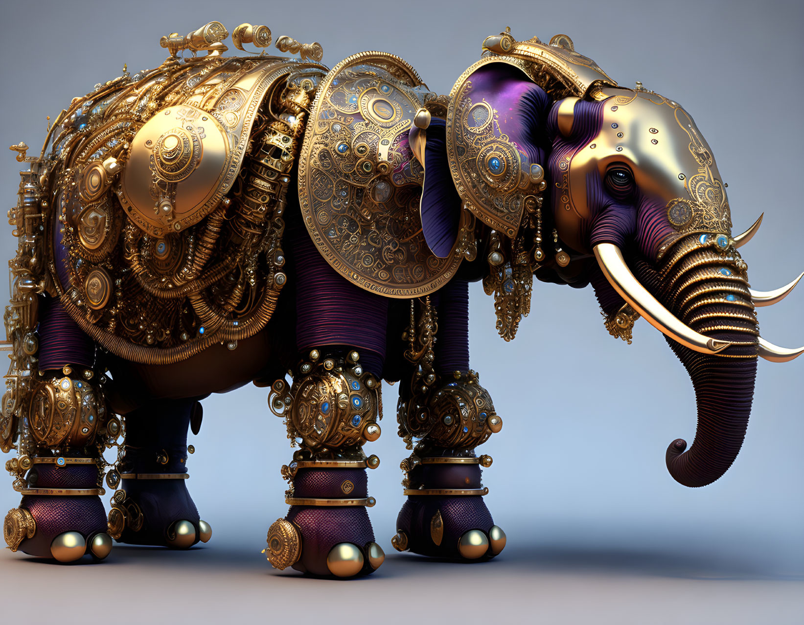 Metallic Elephant Sculpture with Gold and Purple Gear-like Textures