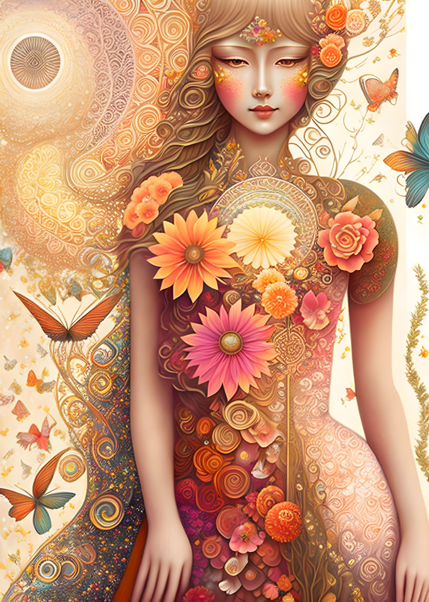 Woman adorned with floral patterns and butterflies in warm, earthy tones