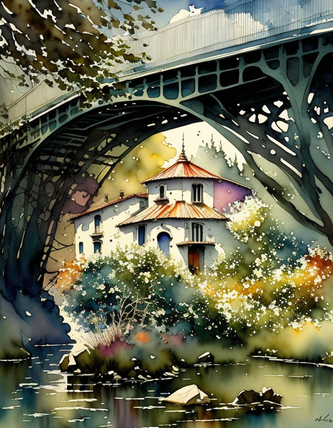 Quaint house and bridge with colorful foliage by serene river