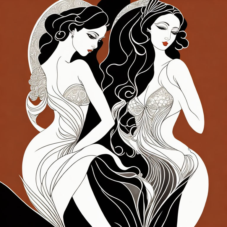 Stylized female figures in yin-yang composition with flowing hair and elegant dresses