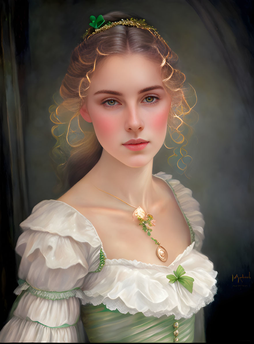 Young woman with fair skin and blue eyes in vintage attire and golden accessories