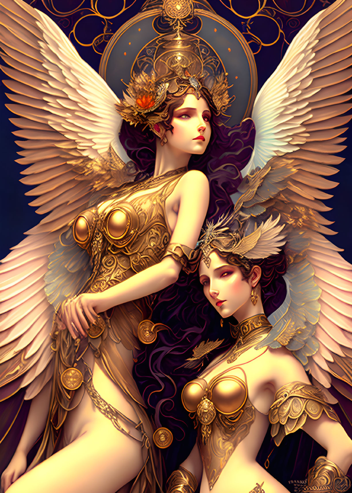 Intricately adorned winged figures in golden armor on celestial backdrop