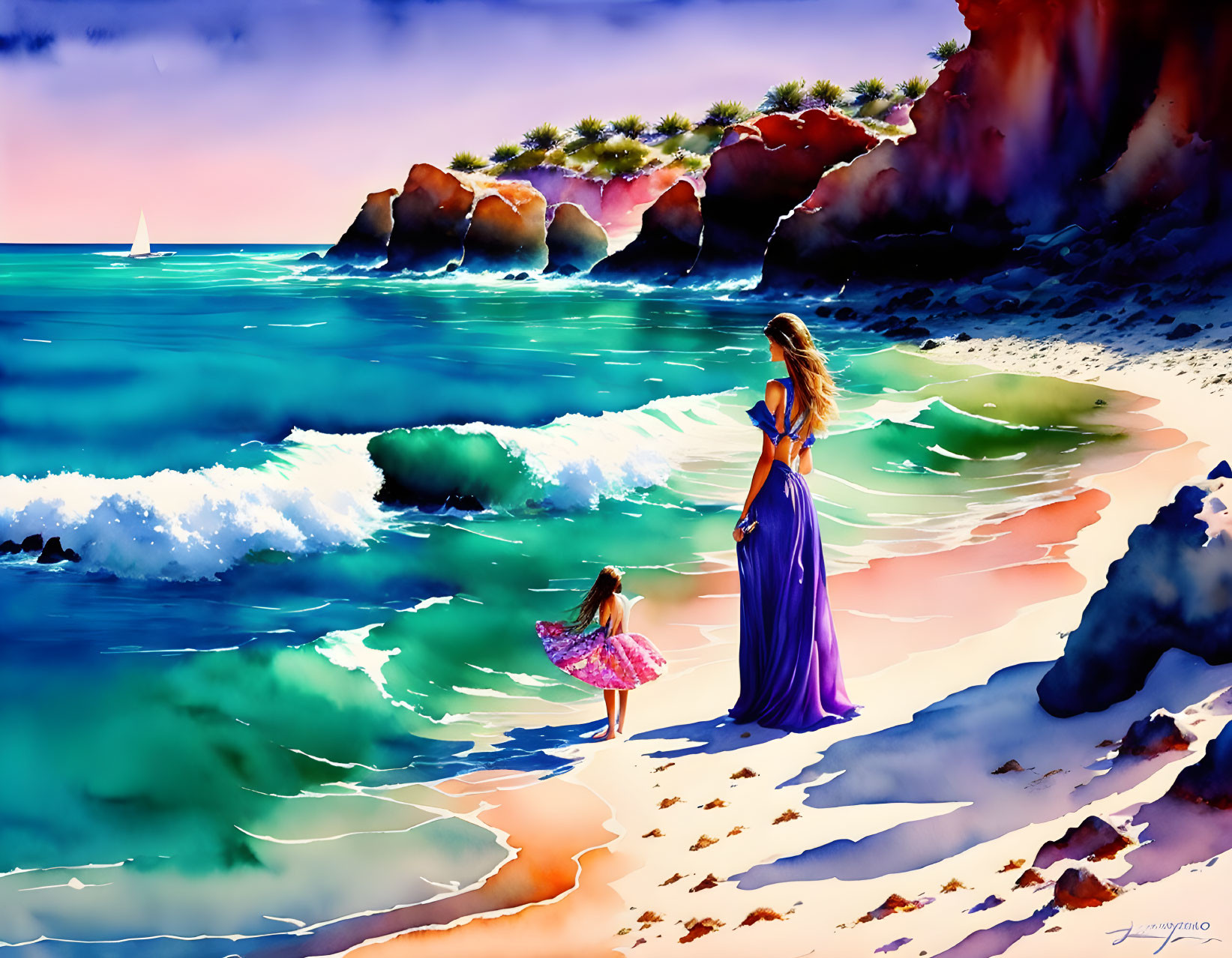 Colorful beach scene with woman and child by turquoise waves and sailboat