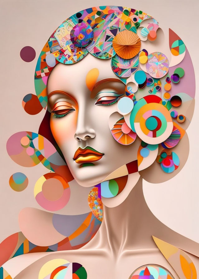 Stylized female figure with colorful geometric shapes and circles.