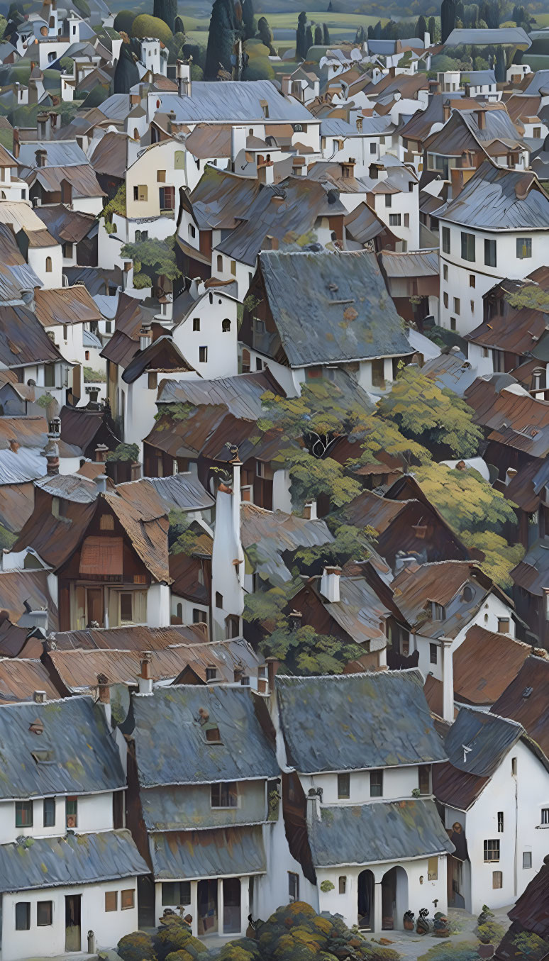 European-style houses with tiled roofs in a dense setting surrounded by green trees.