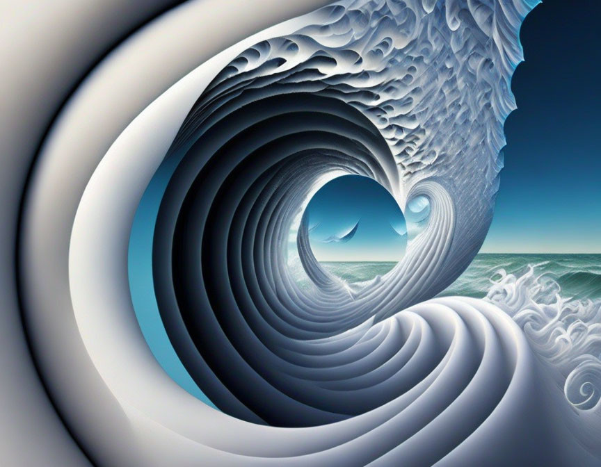 Surreal ocean waves morph into spiraling nautilus shell structure