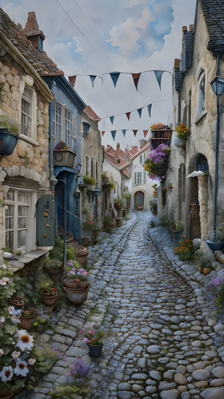 Quaint village cobblestone street with stone houses and flower pots
