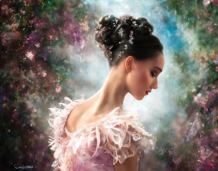 Woman in Pink Feathered Dress and Updo Against Mystical Background
