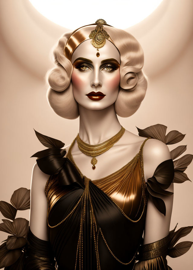 Female figure with wavy hair and golden jewelry in Art Deco-inspired illustration