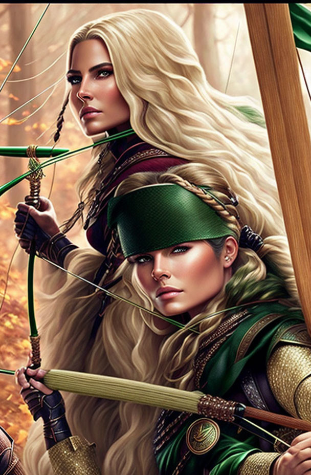 Blonde female warriors in green medieval attire with bows in forest landscape