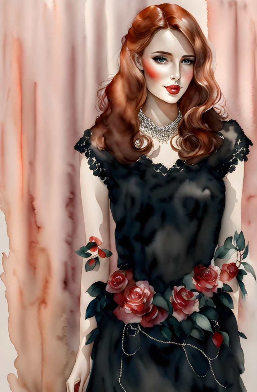 Illustration of woman with wavy red hair in black dress with roses and lace.