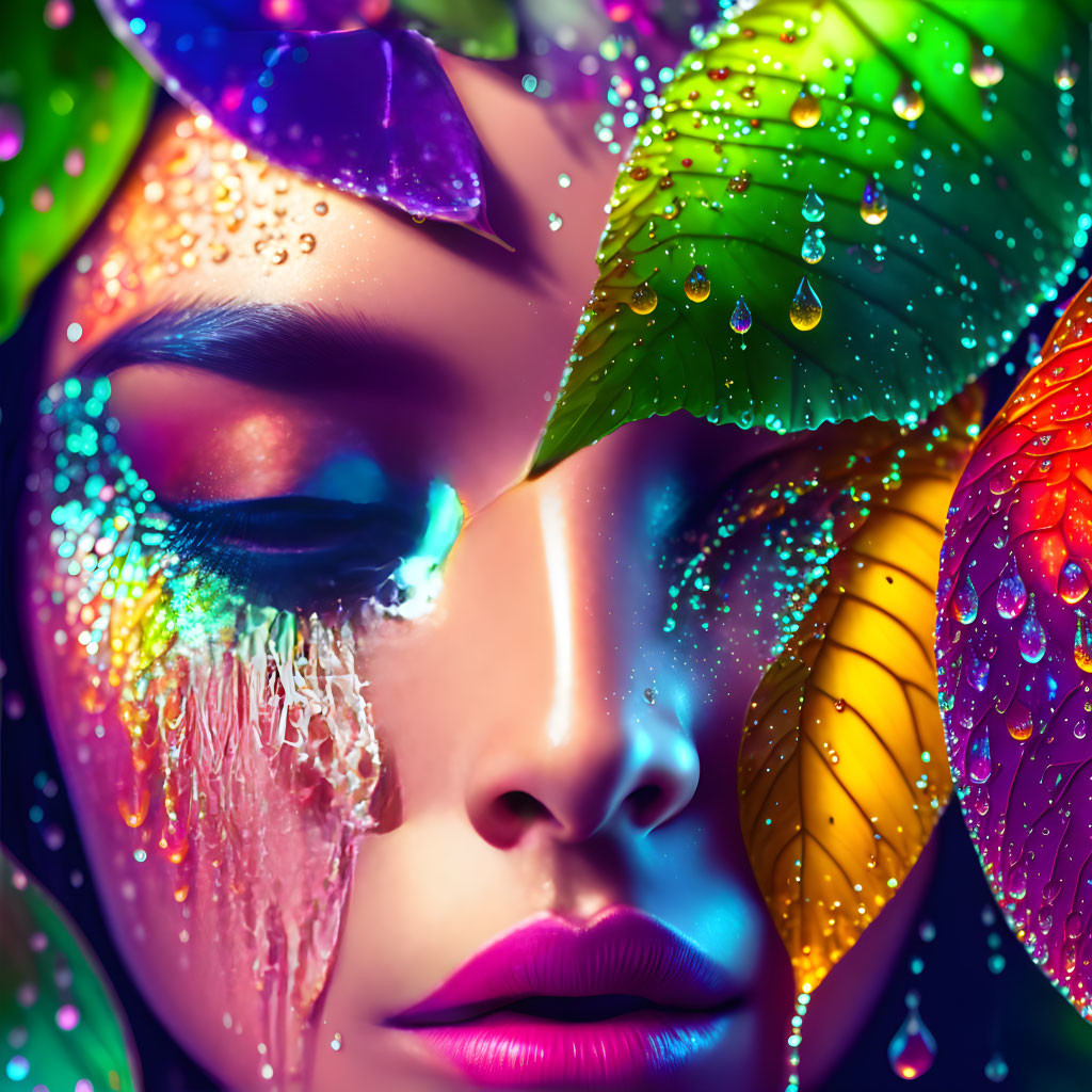 Person's Face Adorned with Vibrant Leaves and Water Droplets